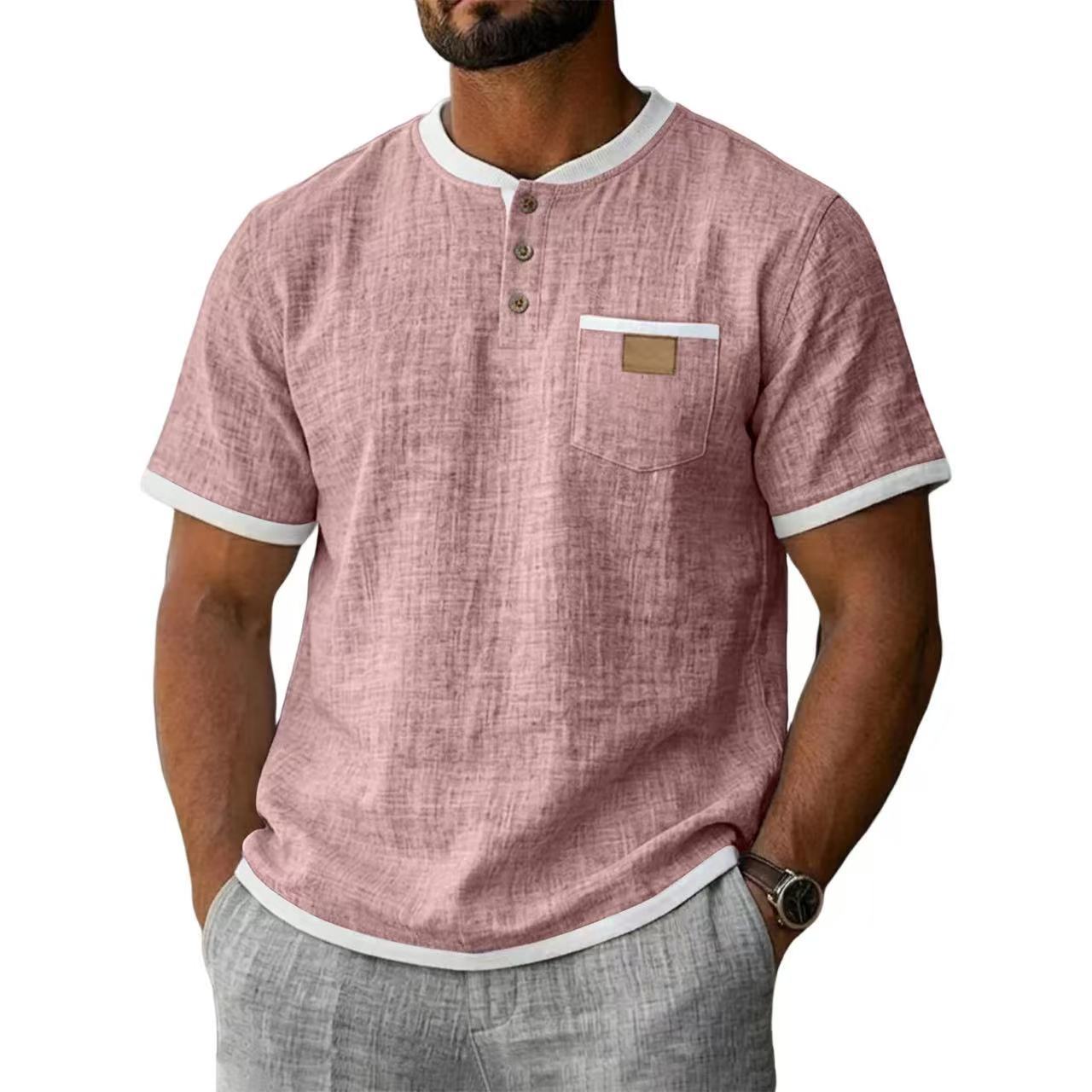 Contrast Trim Linen Henley 2 Piece Short Sleeve Outfit Set For Men