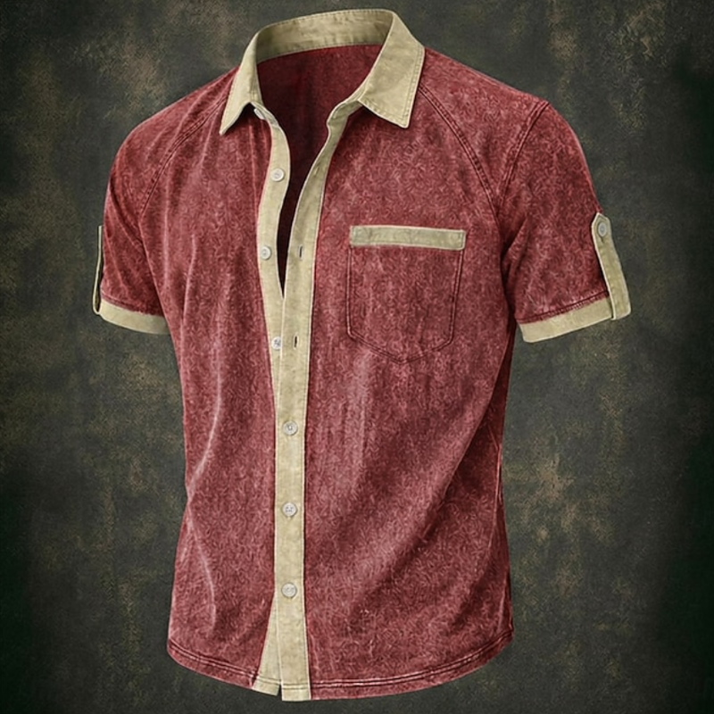 Vintage Washed Contrast Trim Pocket Short Sleeve Shirt For Men