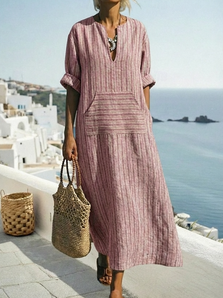 Women Striped Linen Roll Sleeve Pocket Split Neck Maxi Dress