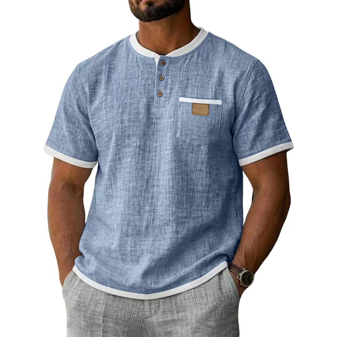 Contrast Trim Linen Henley 2 Piece Short Sleeve Outfit Set For Men