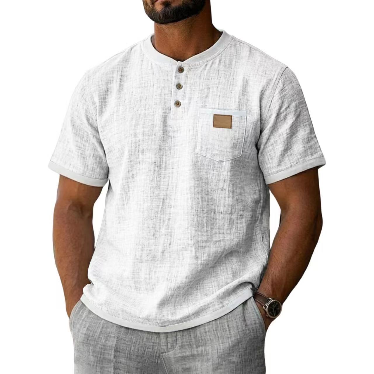Contrast Trim Linen Henley 2 Piece Short Sleeve Outfit Set For Men