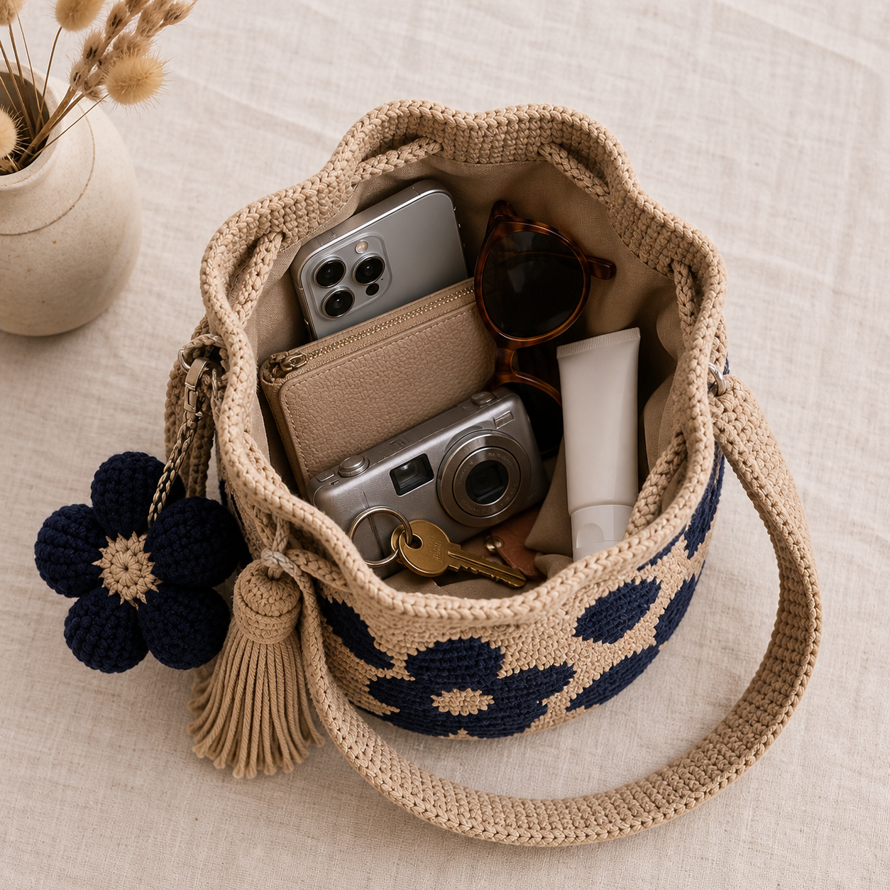 Navy Handwoven Flower Bucket Bag open with everyday essentials inside