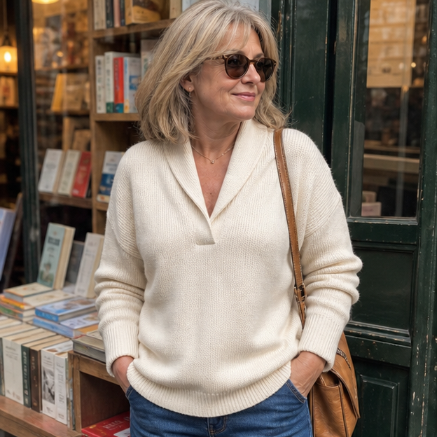 Cream shawl-collar sweater at a bookstore