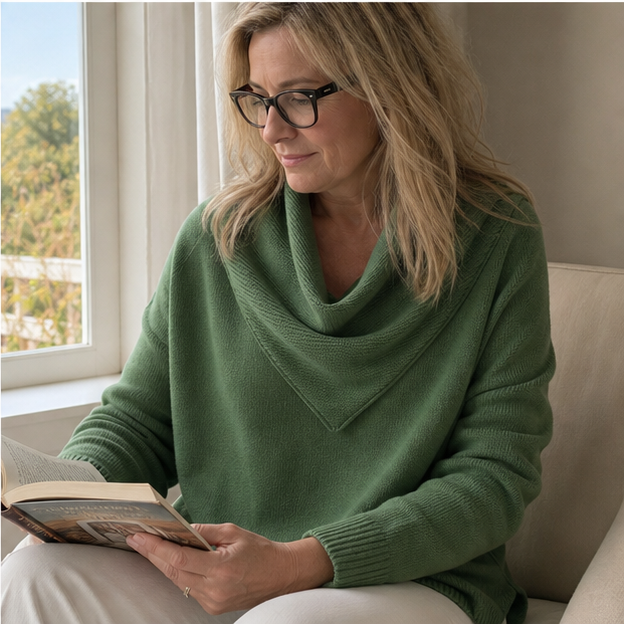 Green draped-neck sweater while reading by a window