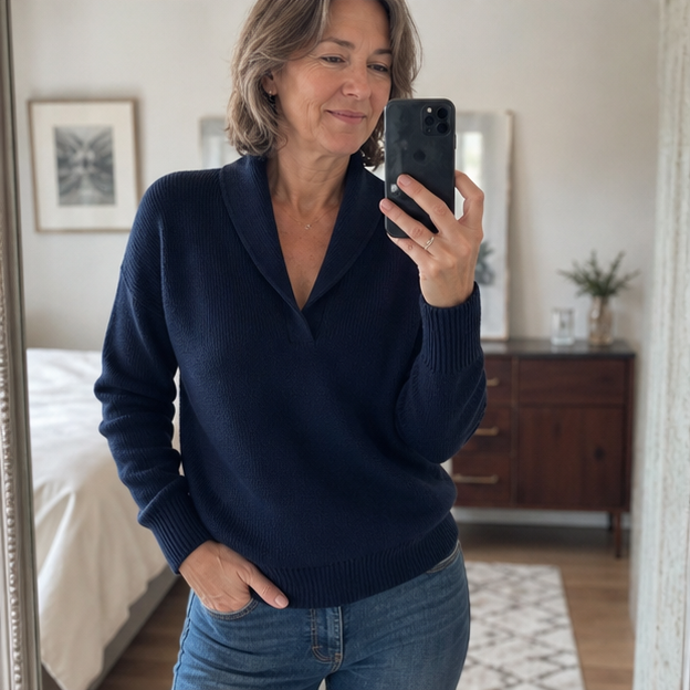 Navy blue shawl-collar sweater in a mirror photo