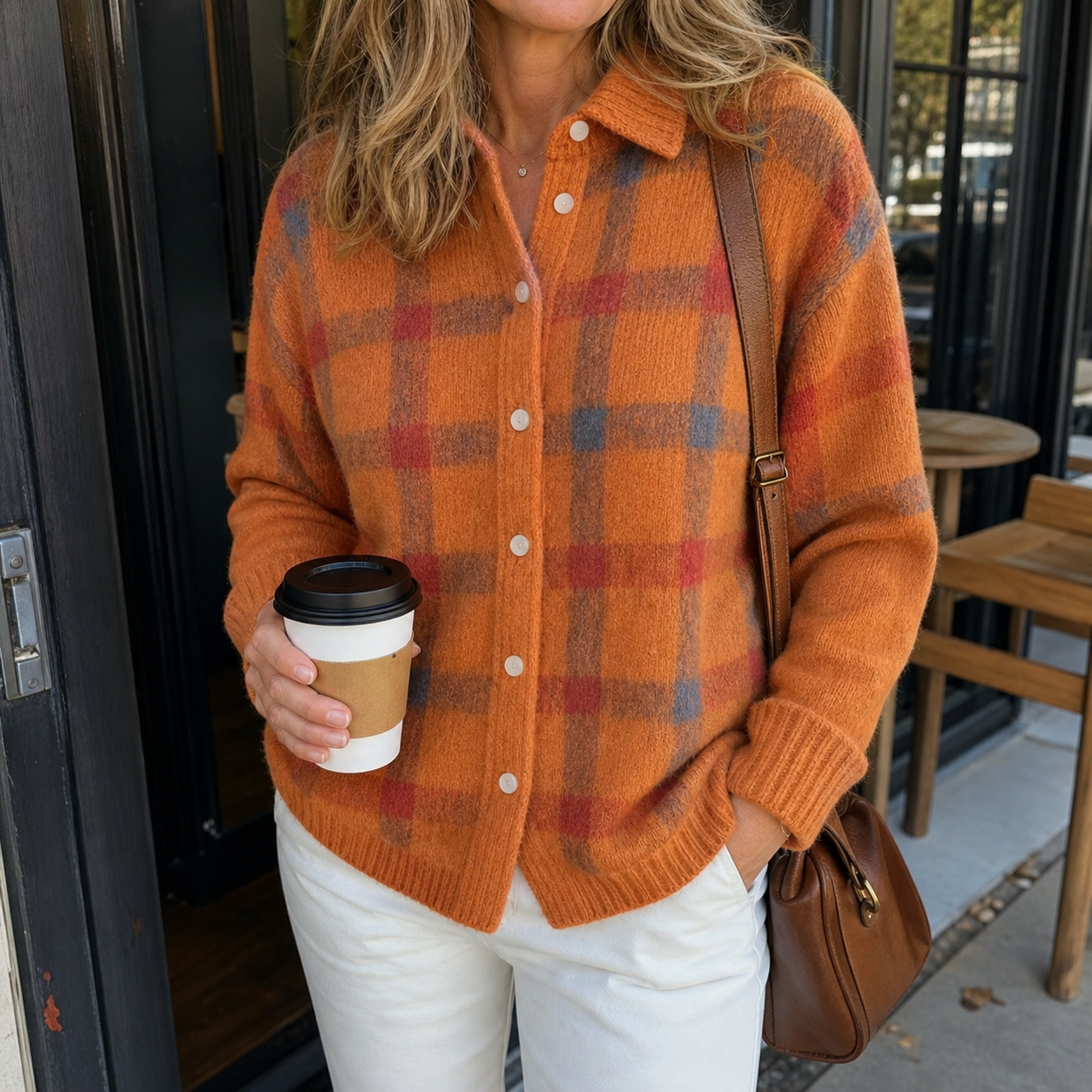Orange contrast-plaid knit cardigan at a coffee shop
