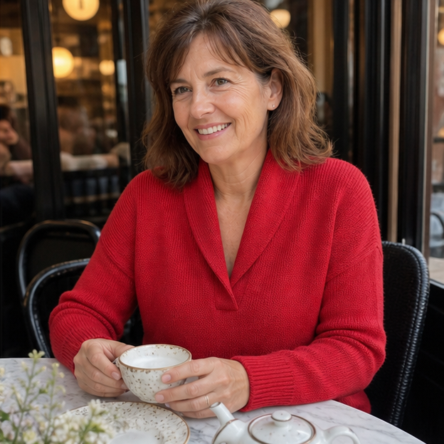Red shawl-collar sweater at a cafe