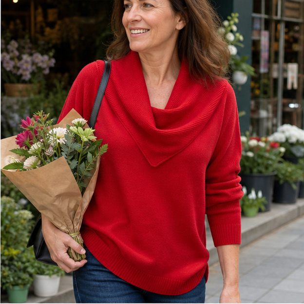 Red draped-neck sweater near a flower shop