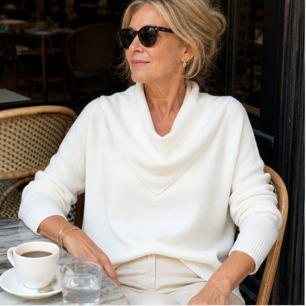 White draped-neck sweater at a cafe