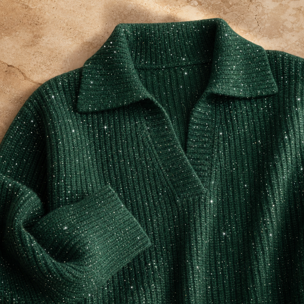 Close-up of green rib-knit polo collar and sleeve texture