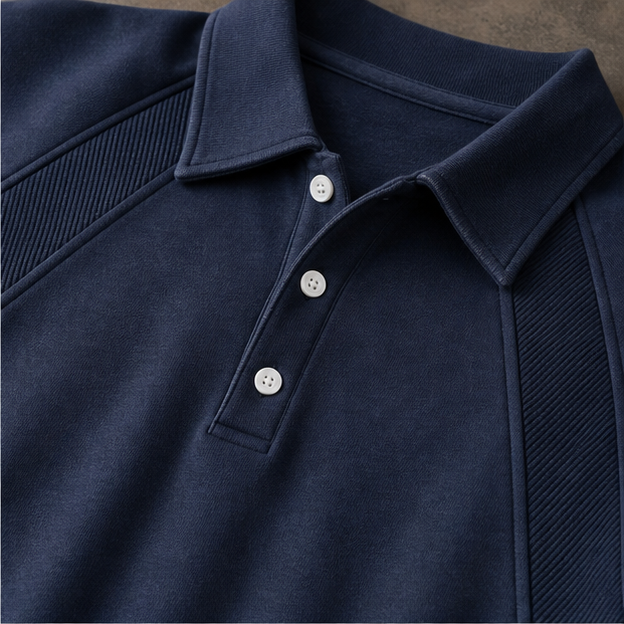 Navy polo collar, buttons and ribbed panel detail