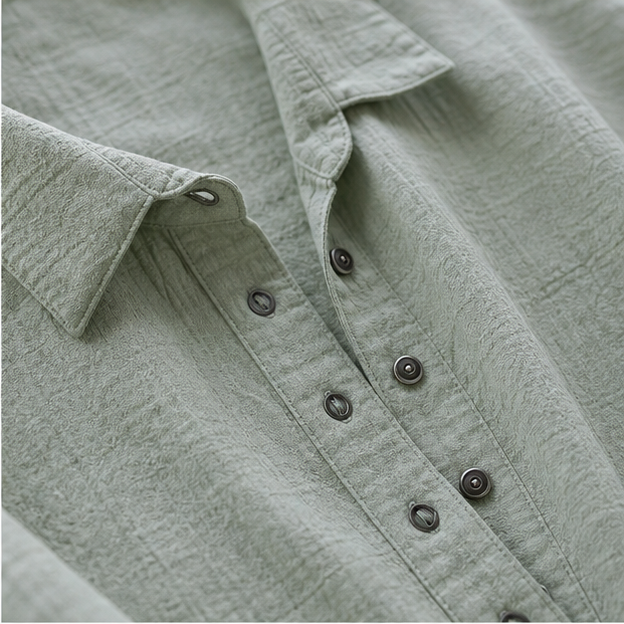 Sage green linen Henley collar, button placket and texture