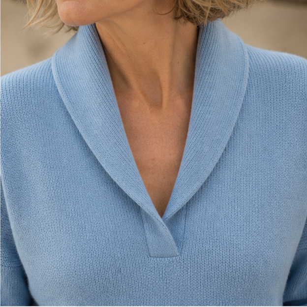 Close view of the shawl collar and knit texture