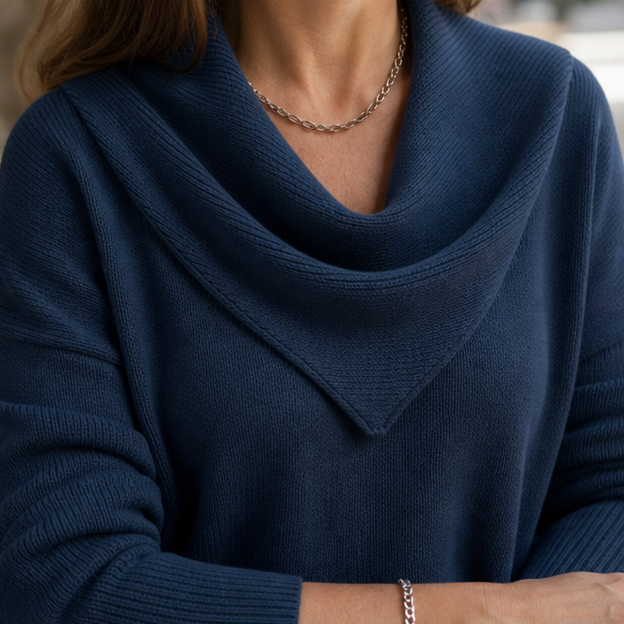 Close view of the navy layered triangular collar and knit texture