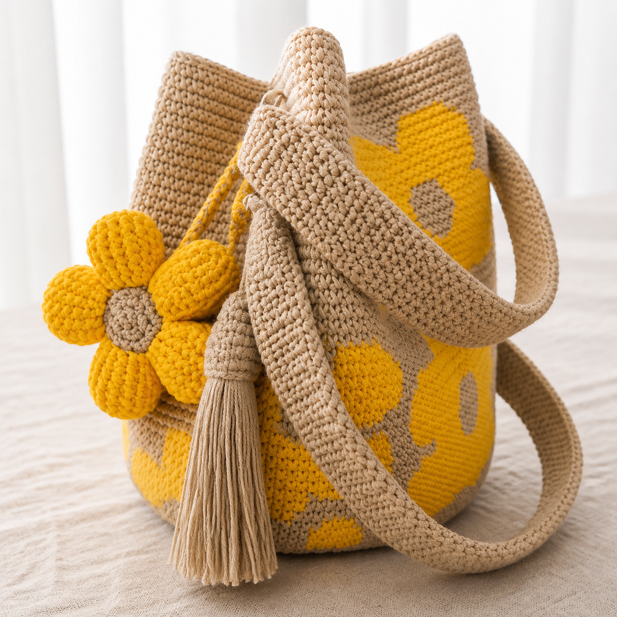 Close view of Yellow Handwoven Flower Bucket Bag woven stitches flower charm braided strap and tassel