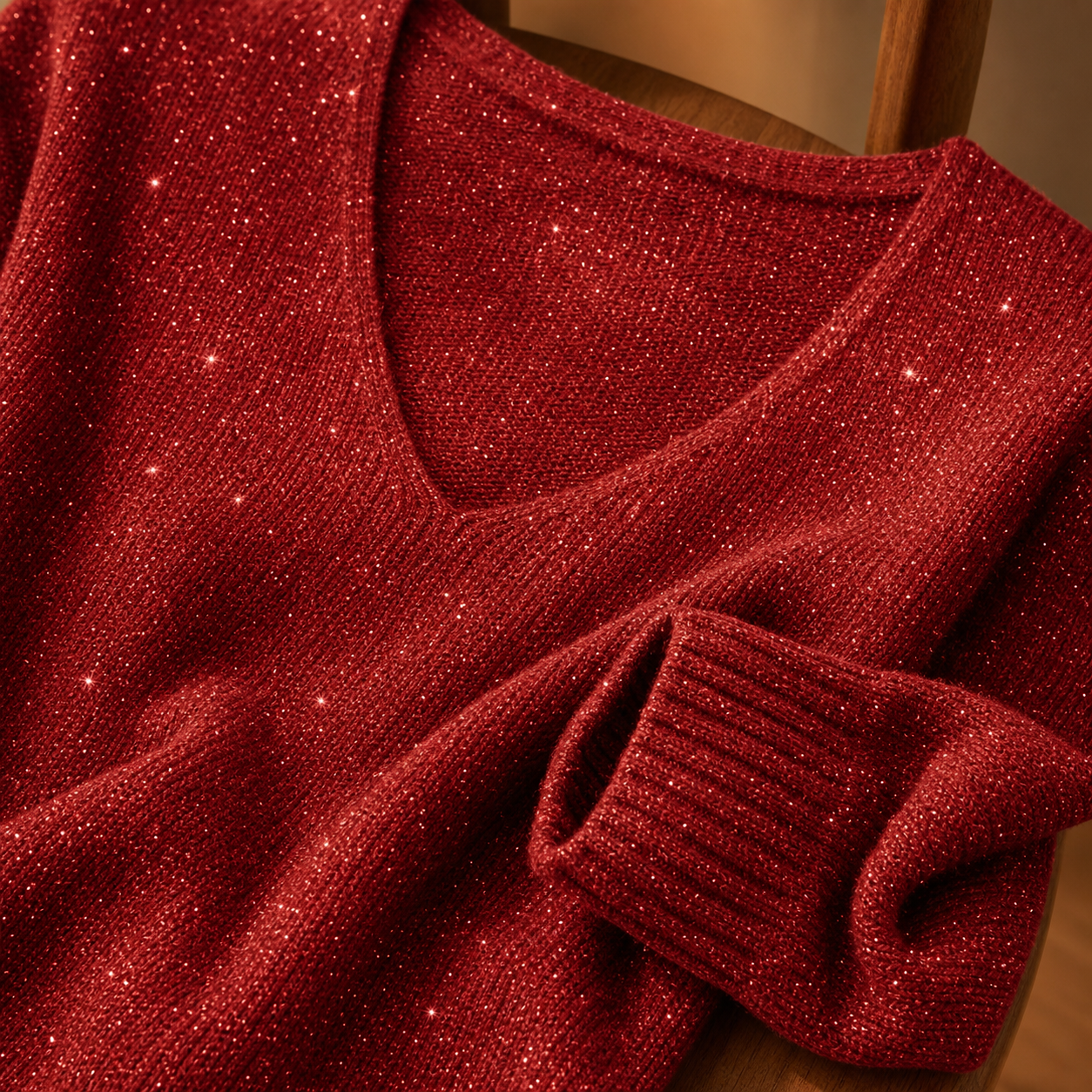 Close-up of red sparkling knit texture and V neckline