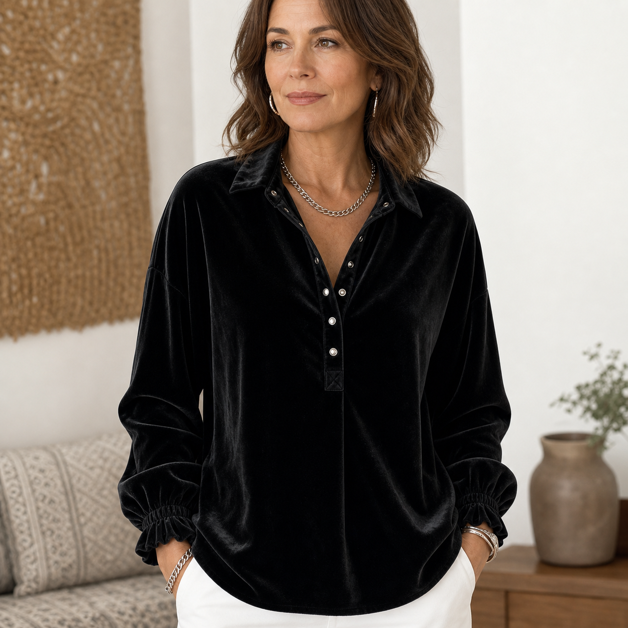 Women's Velvet-Look Metal Snap Collar Blouse - Black