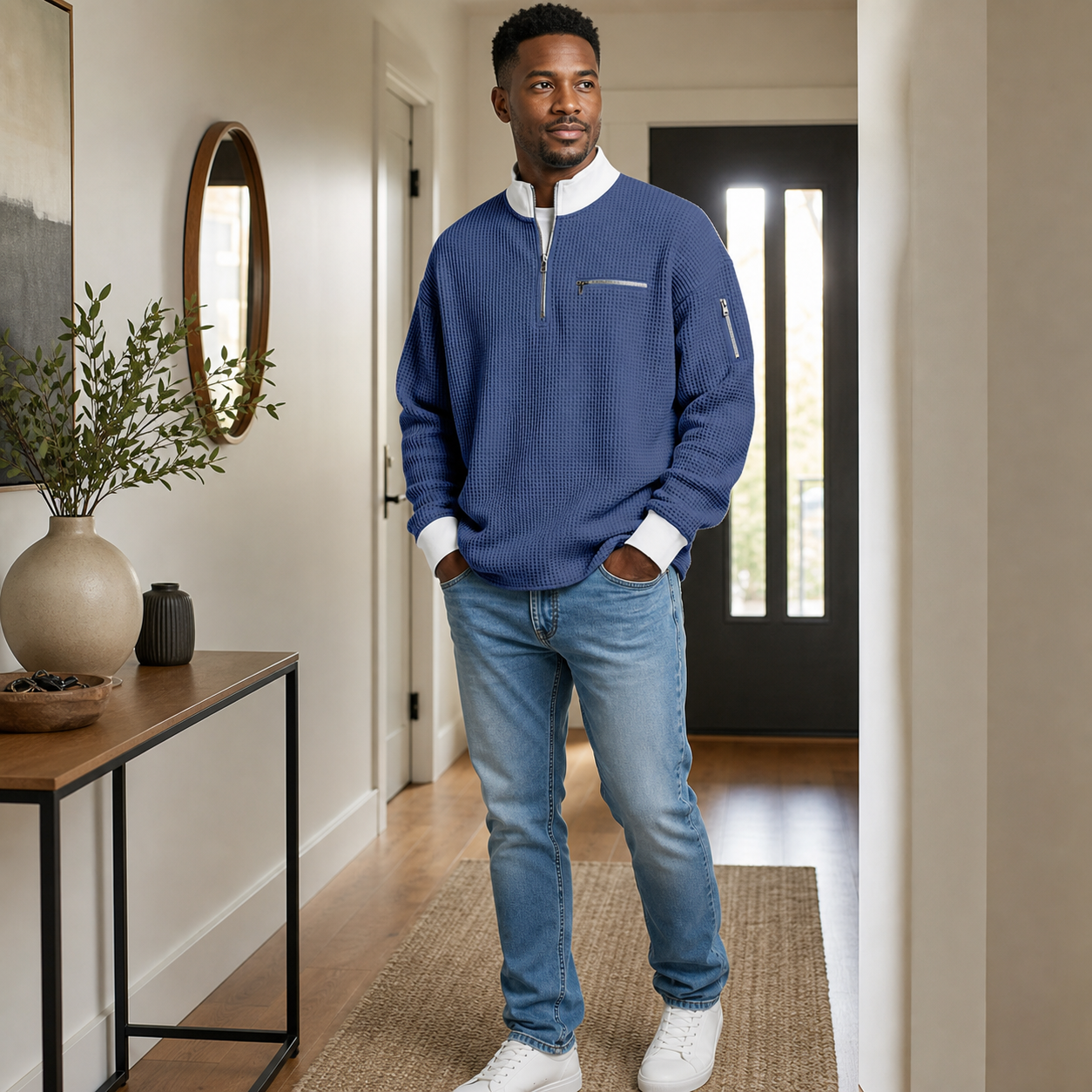 Man wearing the navy waffle half-zip pullover with white collar and zip pockets