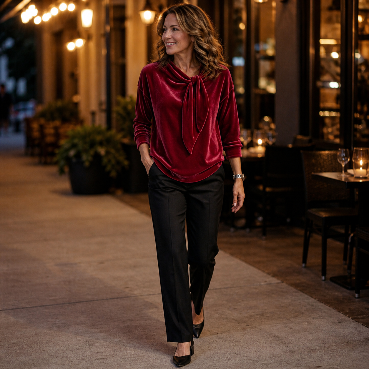 Woman wearing the Burgundy velvet bow-neck top for an evening out