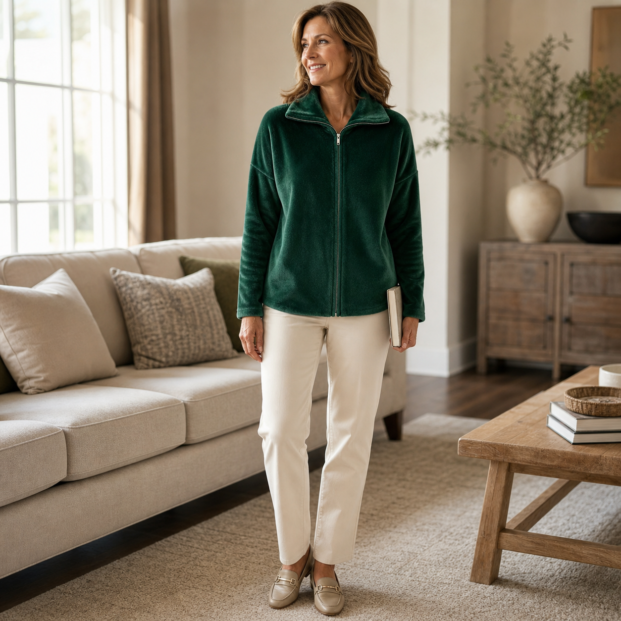 Women's Plush-Texture Full-Zip Stand Collar Jacket shown on a mature model