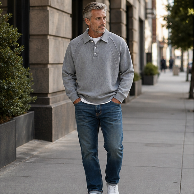 Man wearing the gray polo-collar pullover on a city sidewalk