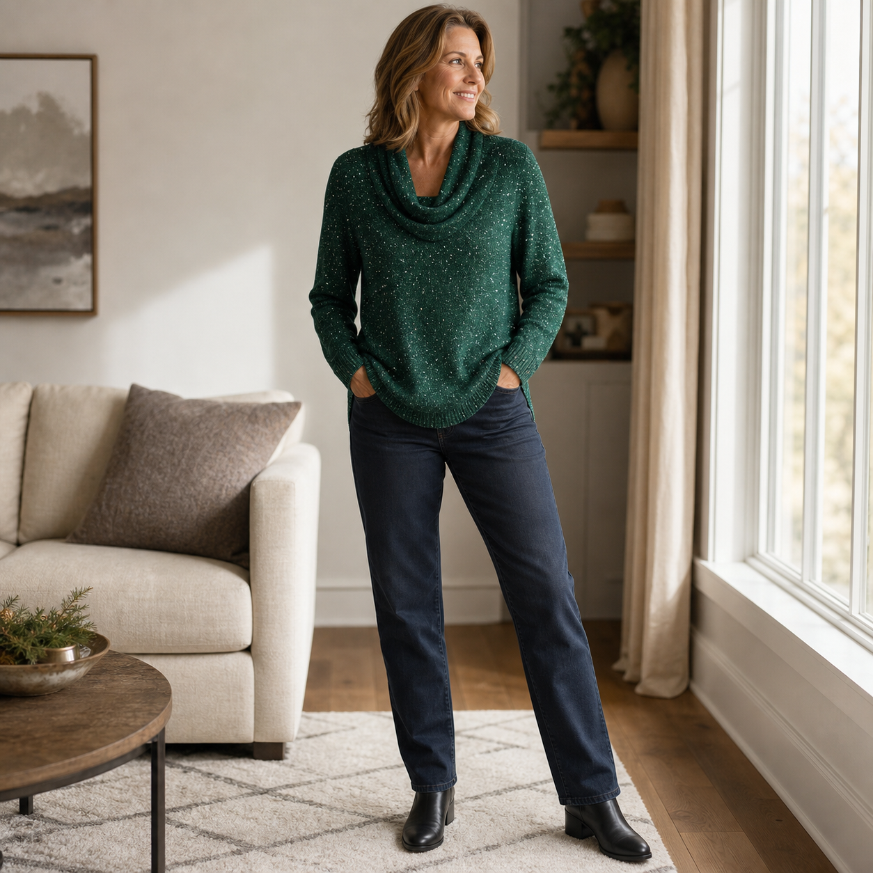 Woman wearing the Green cowl-neck shimmer sweater at home