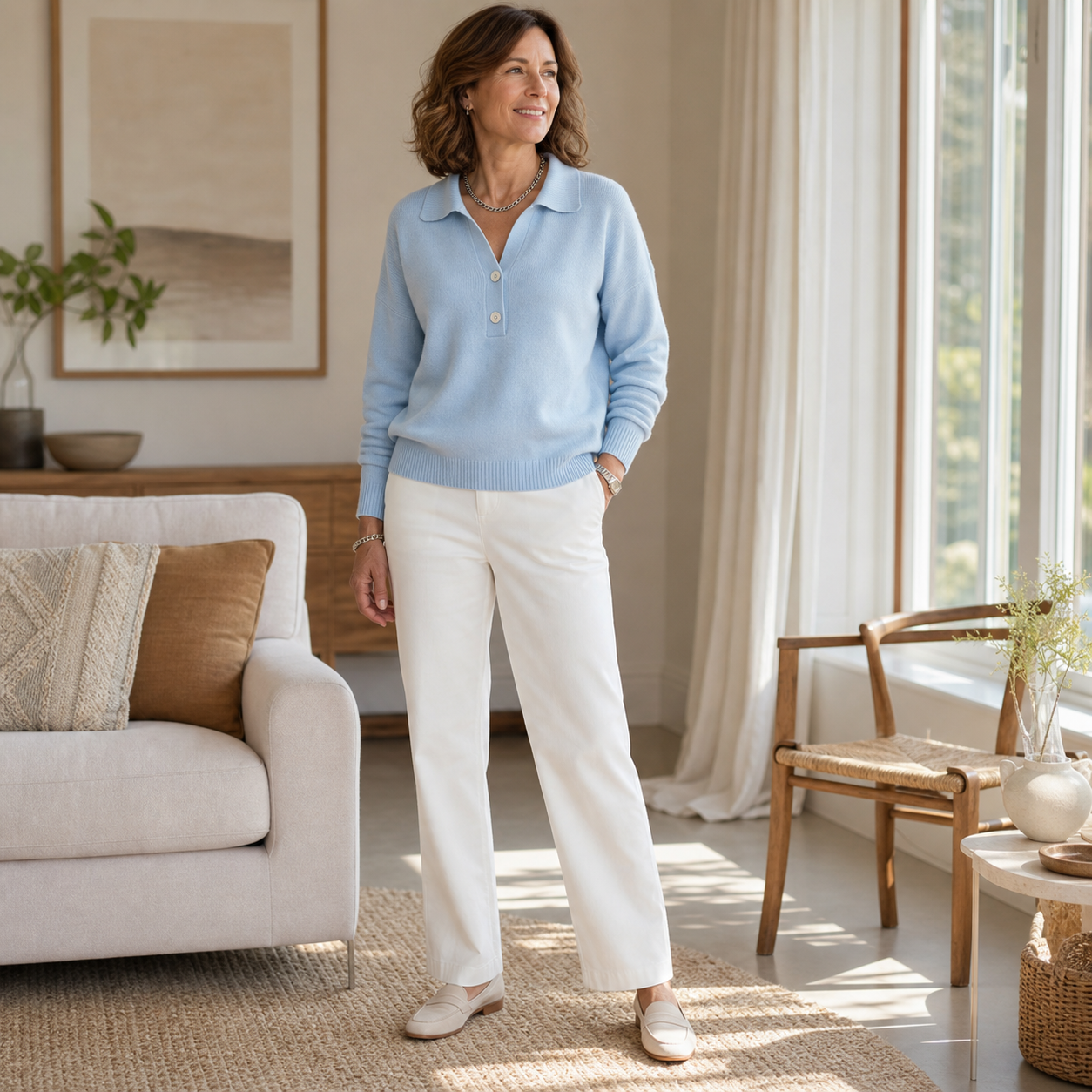 Women's Relaxed Two-Button Polo Collar Knit Pullover shown on a mature model