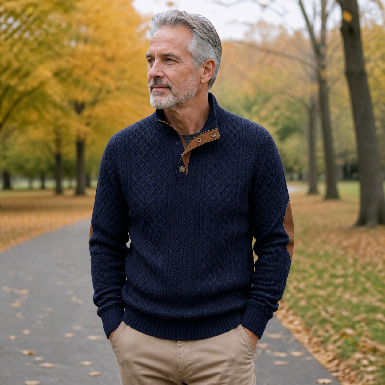 Man wearing the Navy textured mock-neck pullover on an autumn park walk