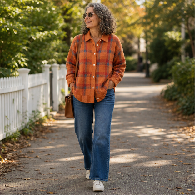 Woman wearing the orange contrast plaid knit overshirt on a neighborhood walk