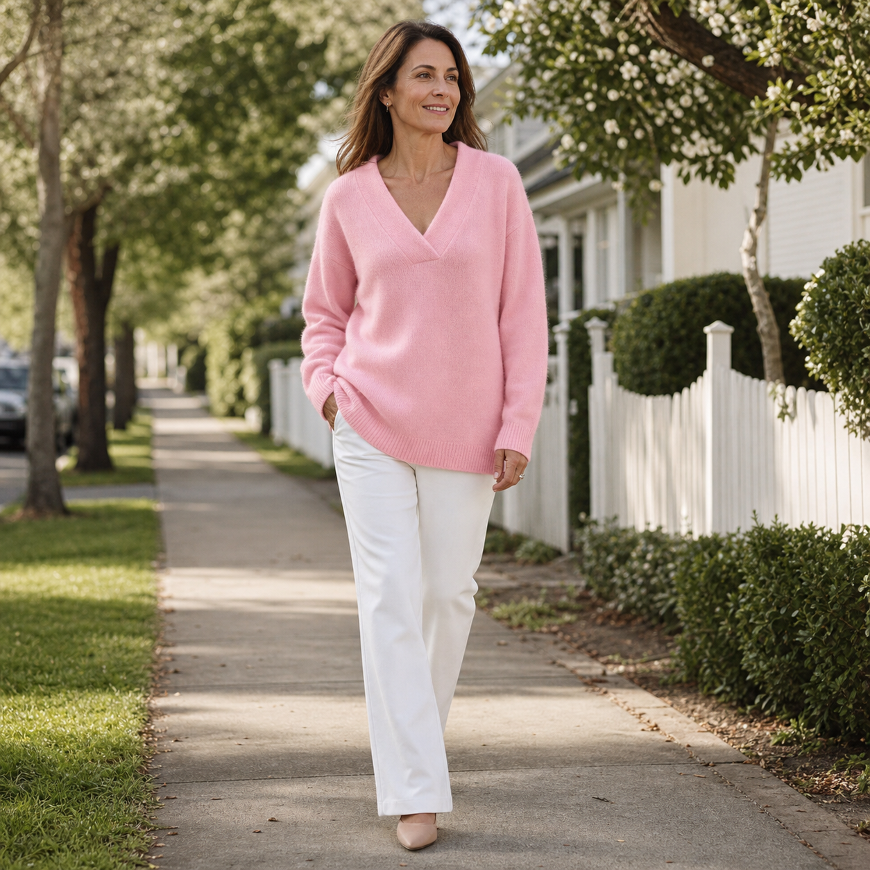 Woman wearing the pink V-neck knit sweater on a neighborhood walk
