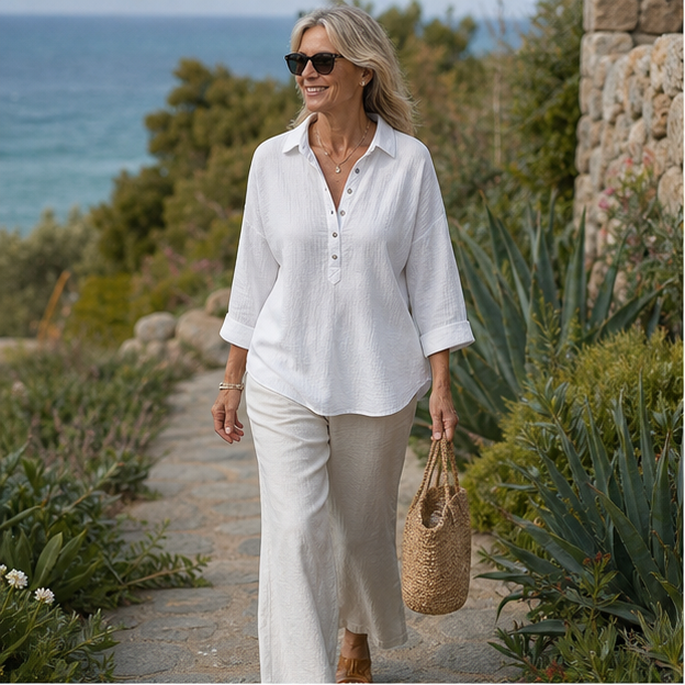 White linen Henley shirt on a coastal garden walk