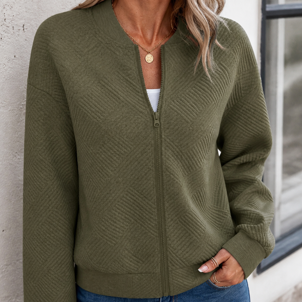 Close-up of the Army Green jacket texture zipper neckline cuff and hem