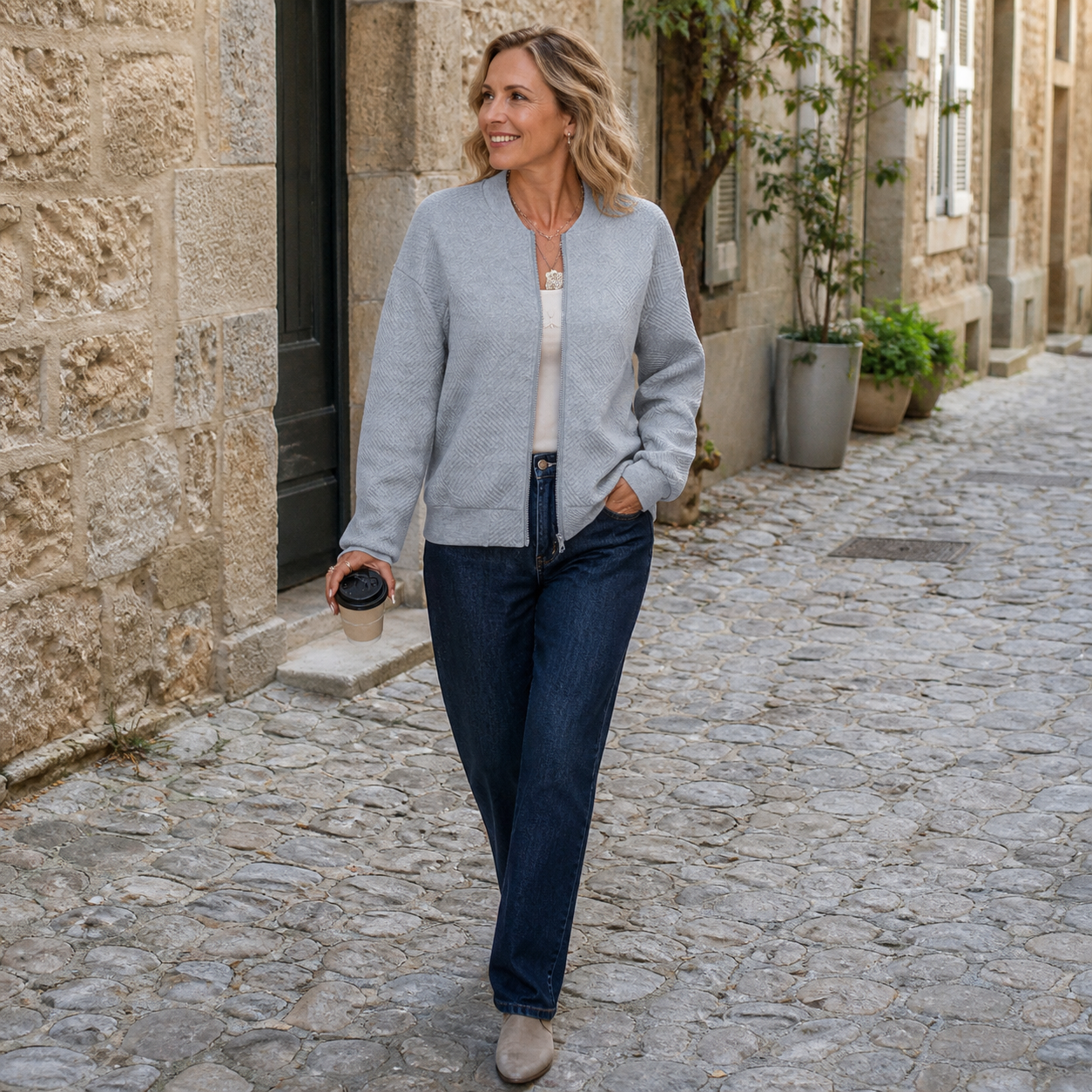 Mature woman walking in the Gray Texture Zip-Up Bomber Jacket