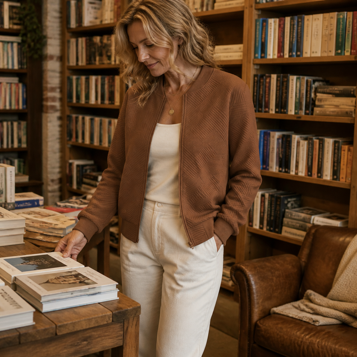 Caramel Color Texture Zip-Up Bomber Jacket styled at a bookshop