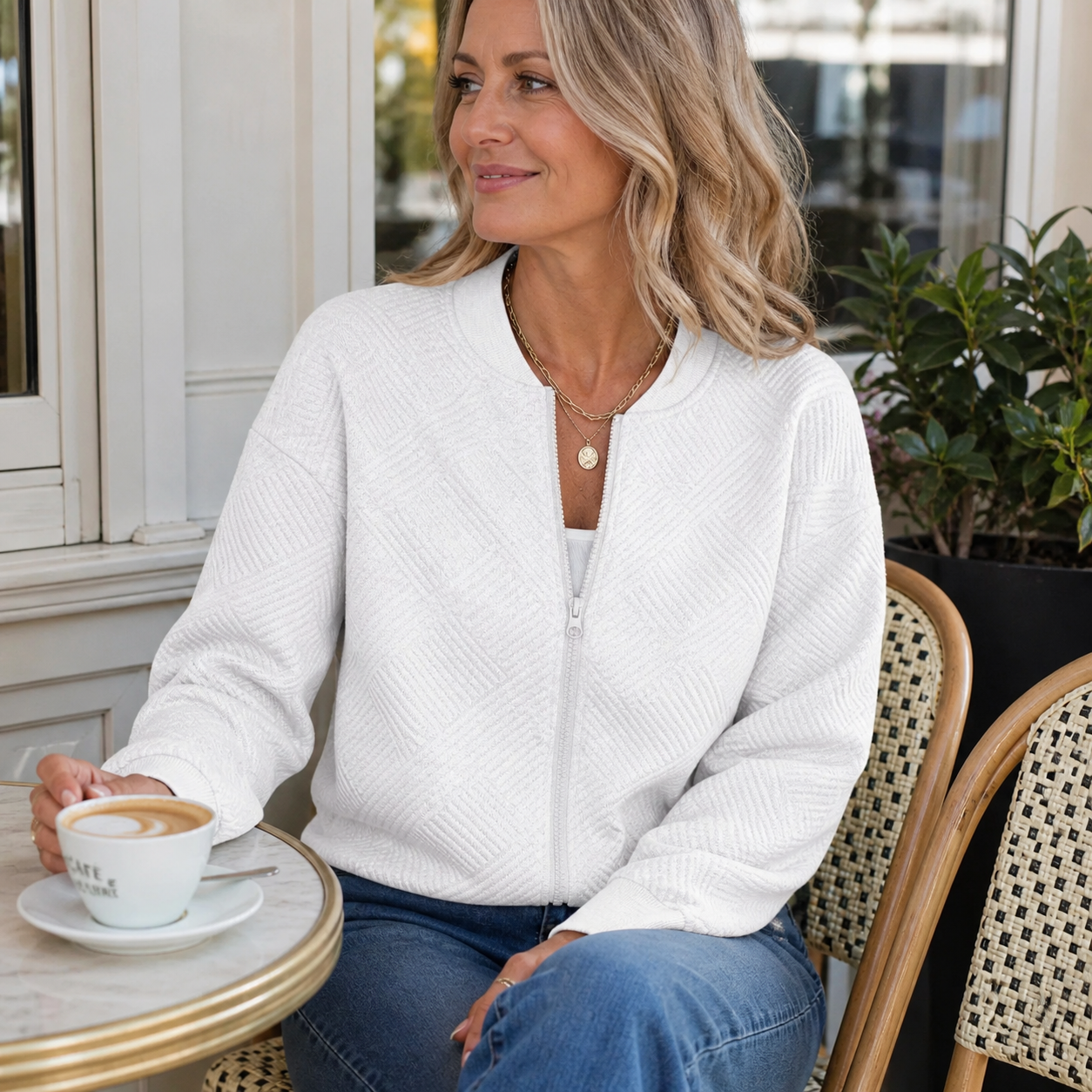 White Texture Zip-Up Bomber Jacket worn at a bright cafe