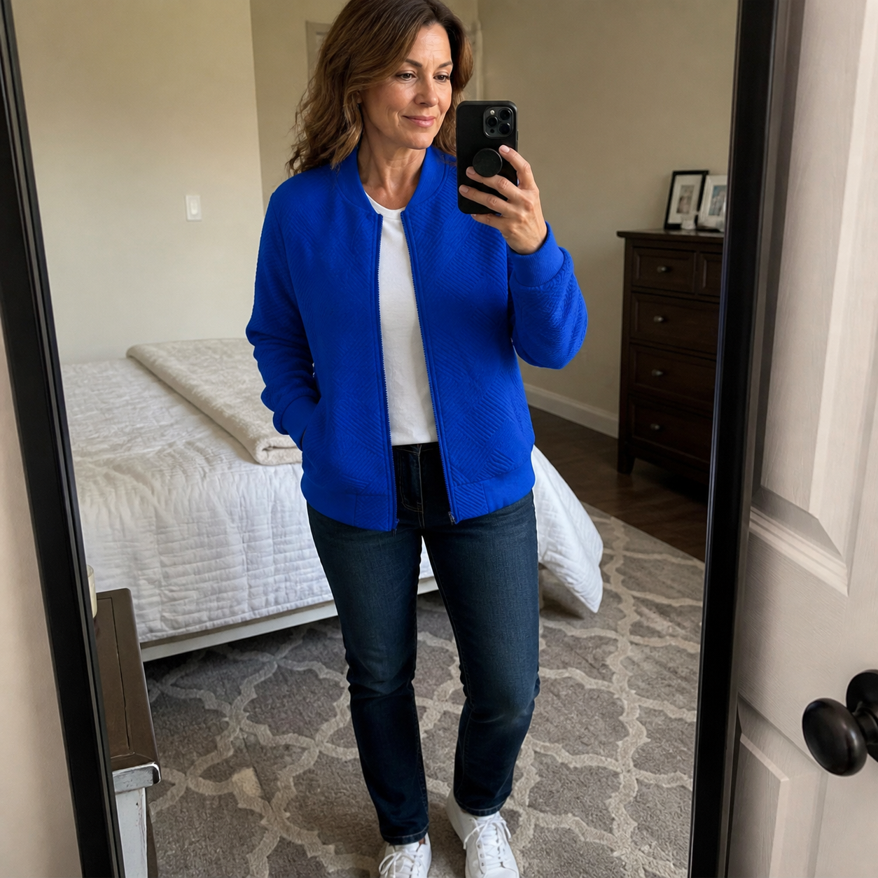 Customer mirror photo wearing the Blue Texture Zip-Up Bomber Jacket