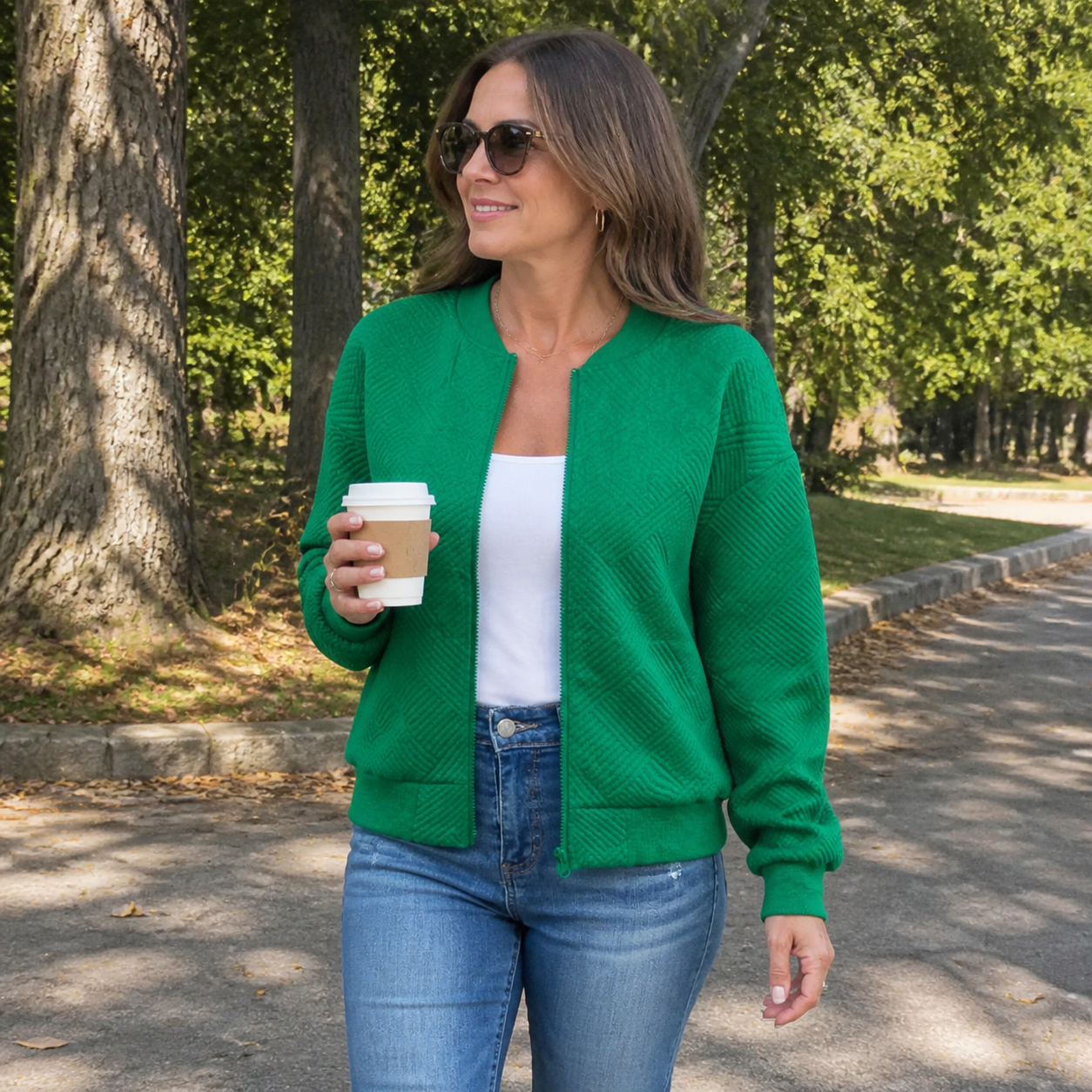 Customer park photo wearing the Green Texture Zip-Up Bomber Jacket