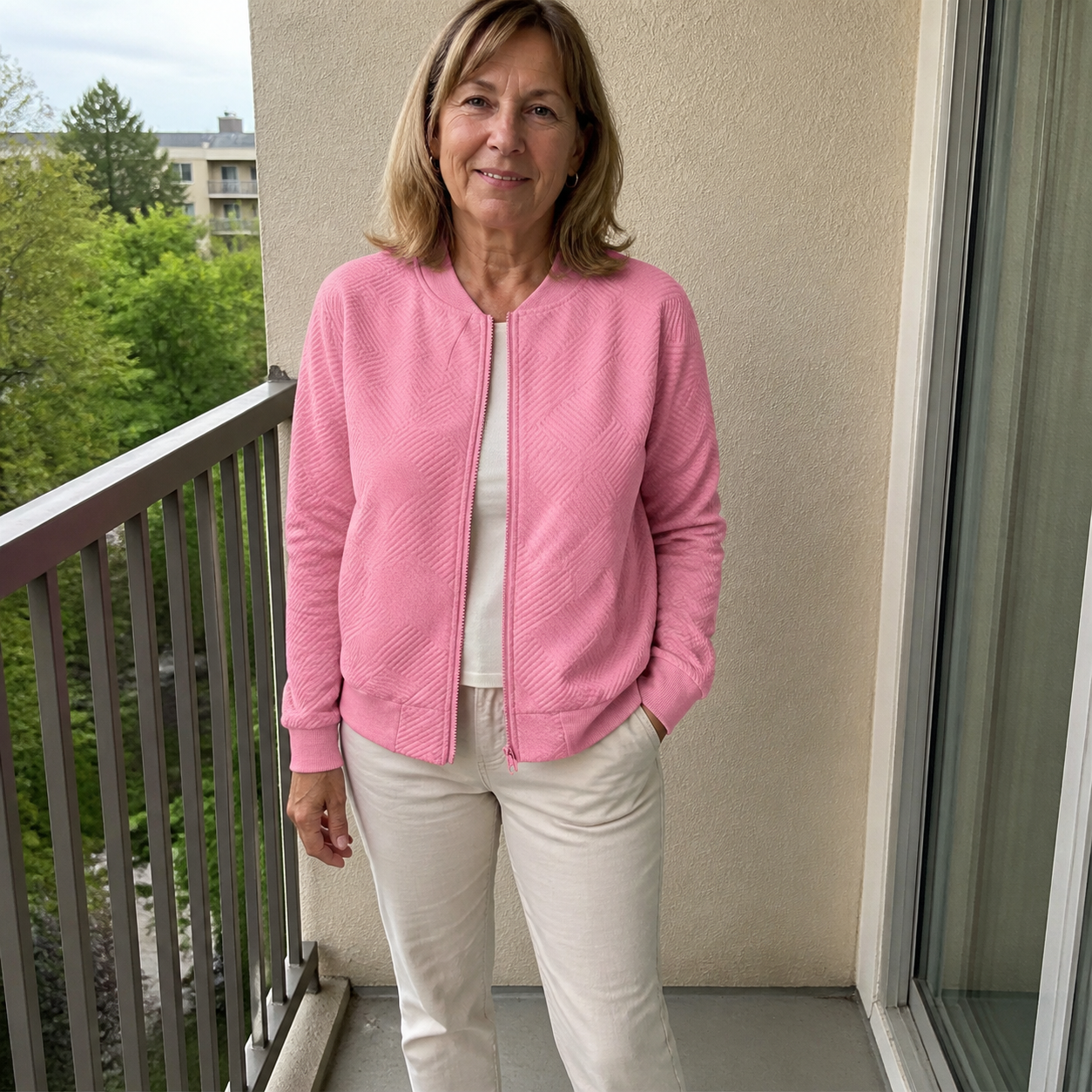 Customer balcony photo wearing the Pink Texture Zip-Up Bomber Jacket