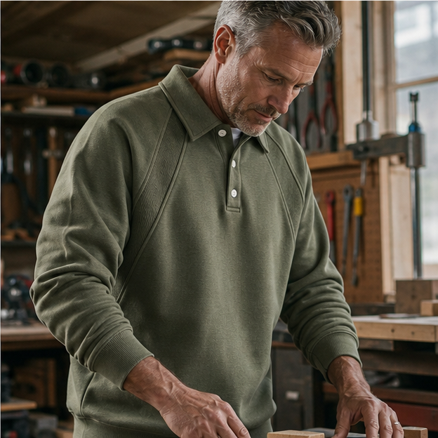 Army green polo-collar pullover in a workshop