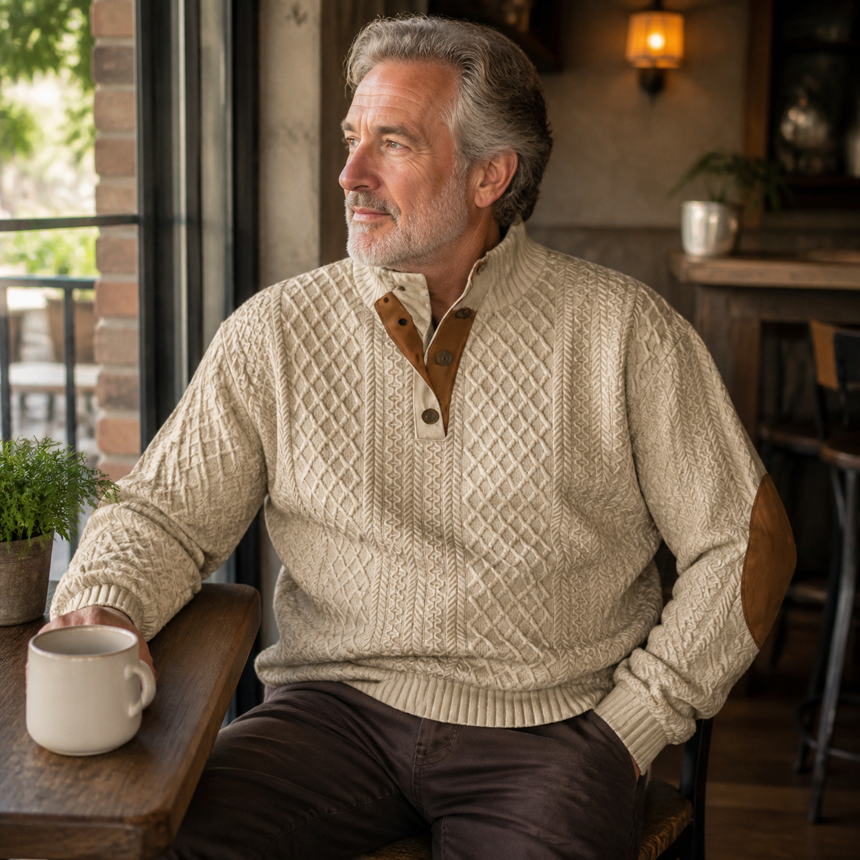 Man wearing the Beige textured pullover at a cafe