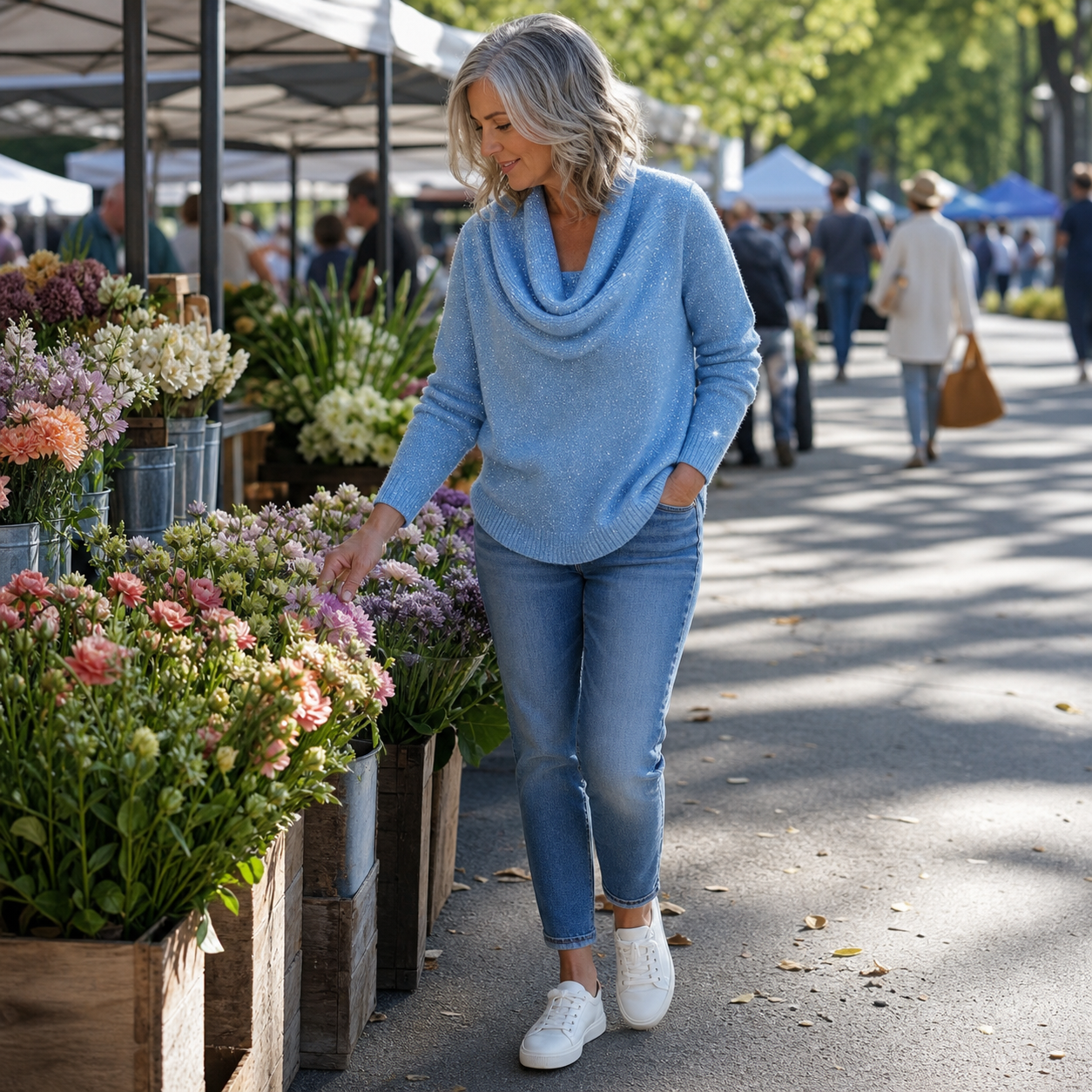 Woman in the Blue sweater shopping at a flower market