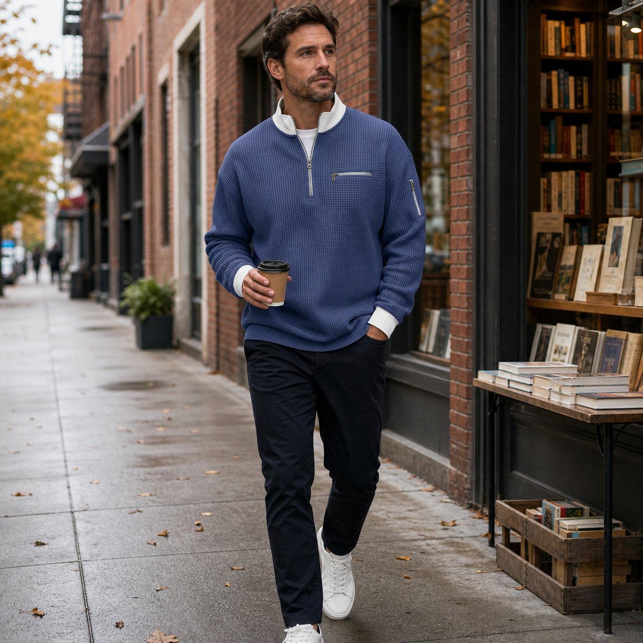 Navy waffle half-zip pullover worn for a bookstore walk