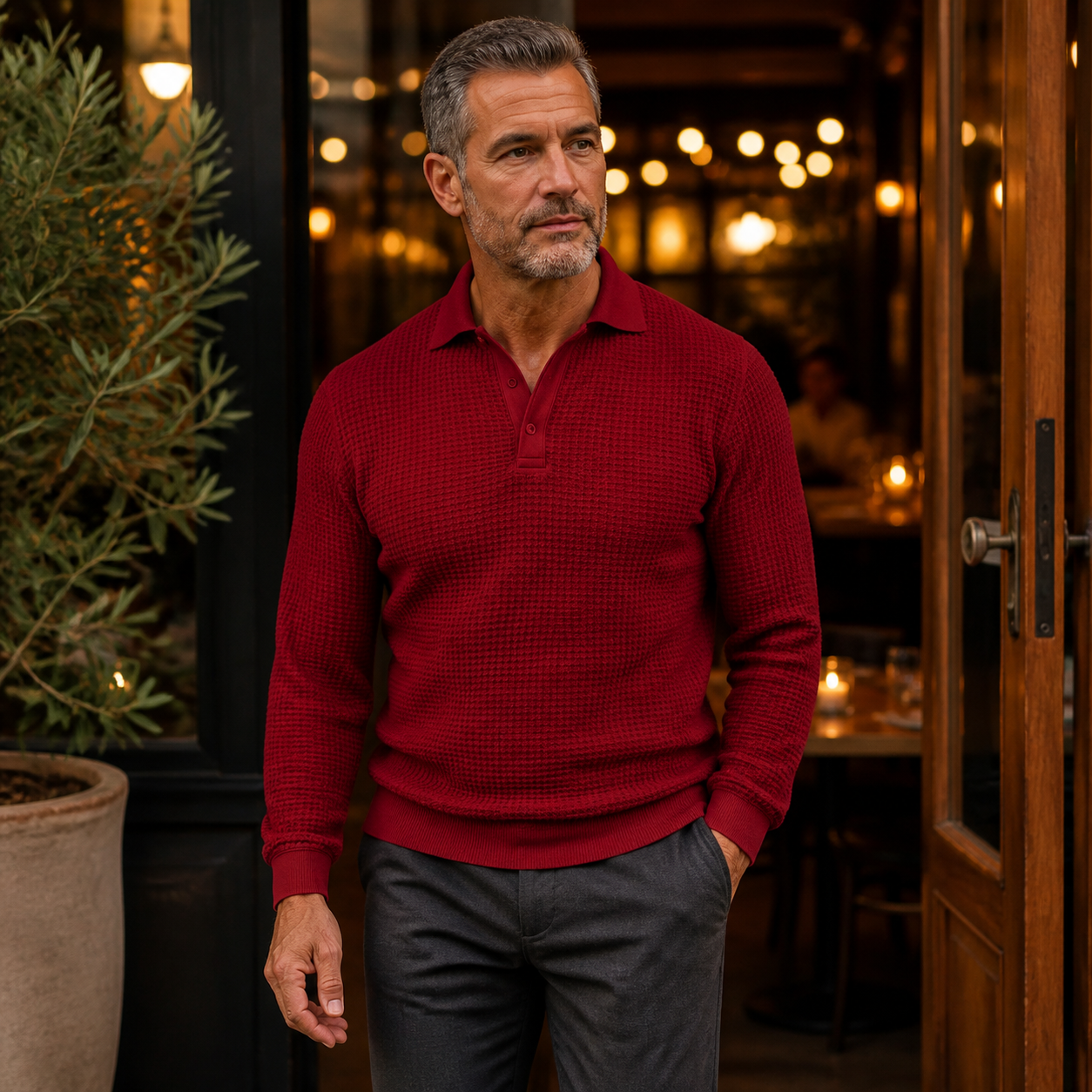 Burgundy Red pure cotton waffle-knit long-sleeve polo