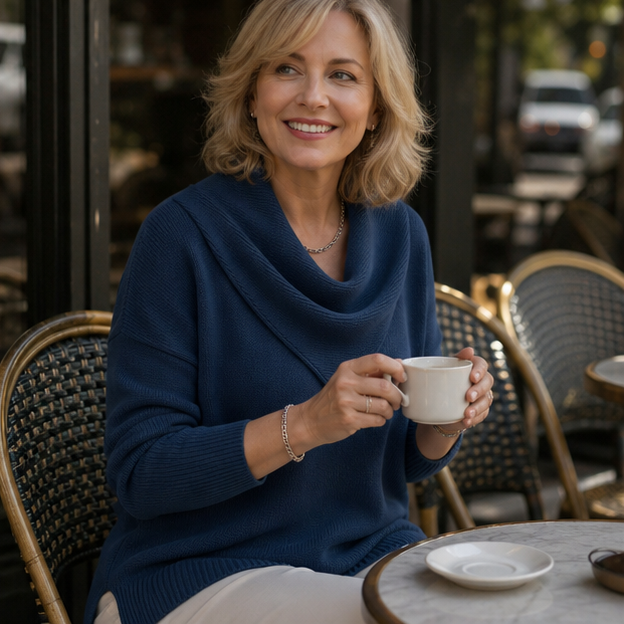 Woman in navy draped-neck sweater at a cafe