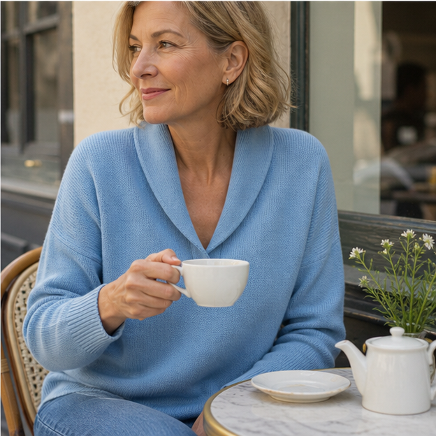 Powder blue sweater worn at an outdoor cafe