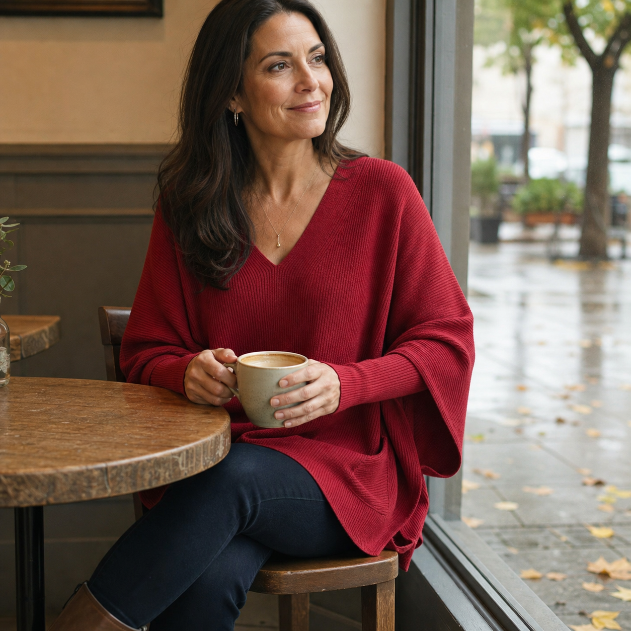 Woman wearing red V-neck knit top at a cafe