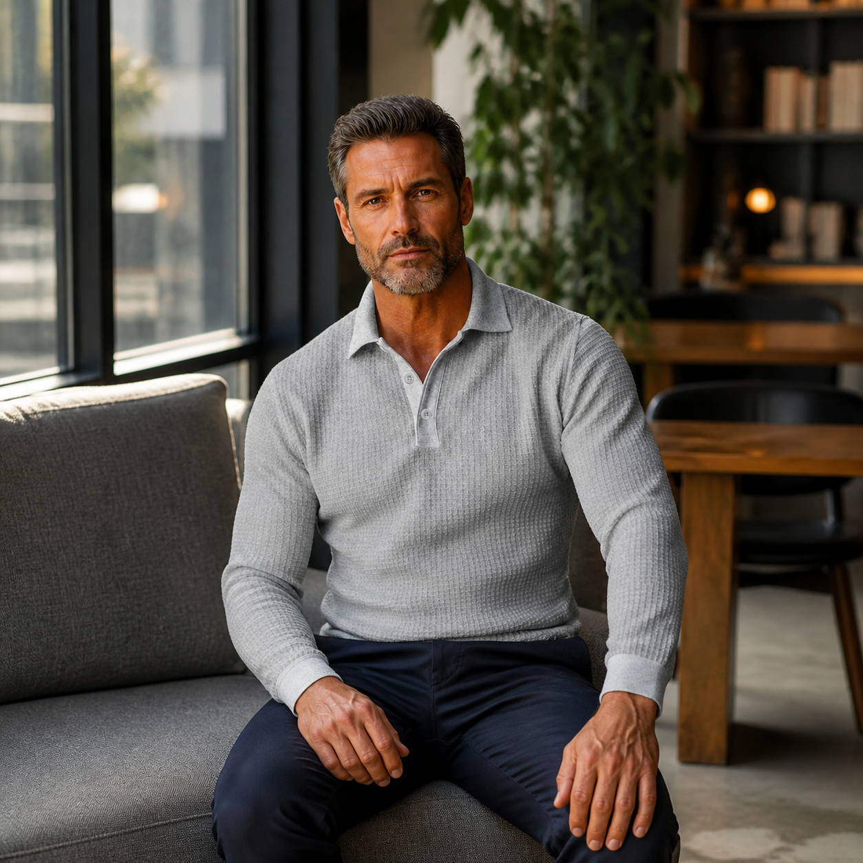 Light Gray pure cotton waffle-knit polo showing straight body and full-length sleeves