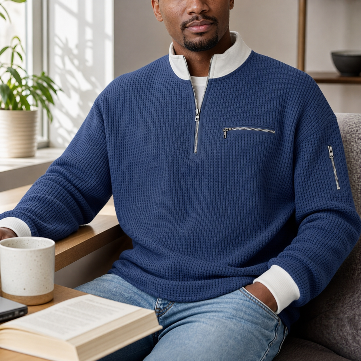 Navy waffle half-zip pullover worn at a home desk