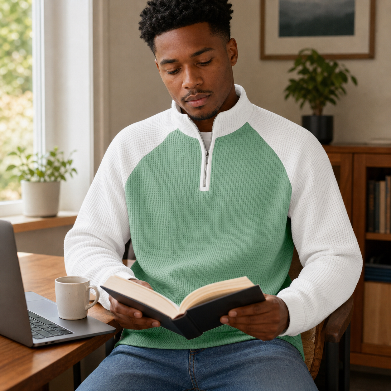 Mint green and white color block waffle half-zip pullover at a home desk