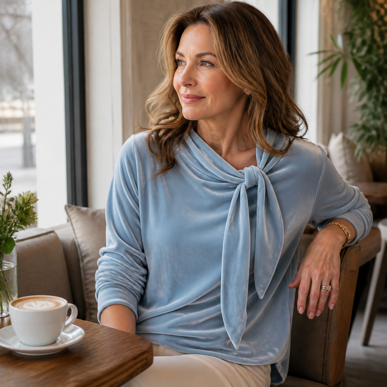 Woman wearing the Ice Blue velvet bow-neck top at a cafe